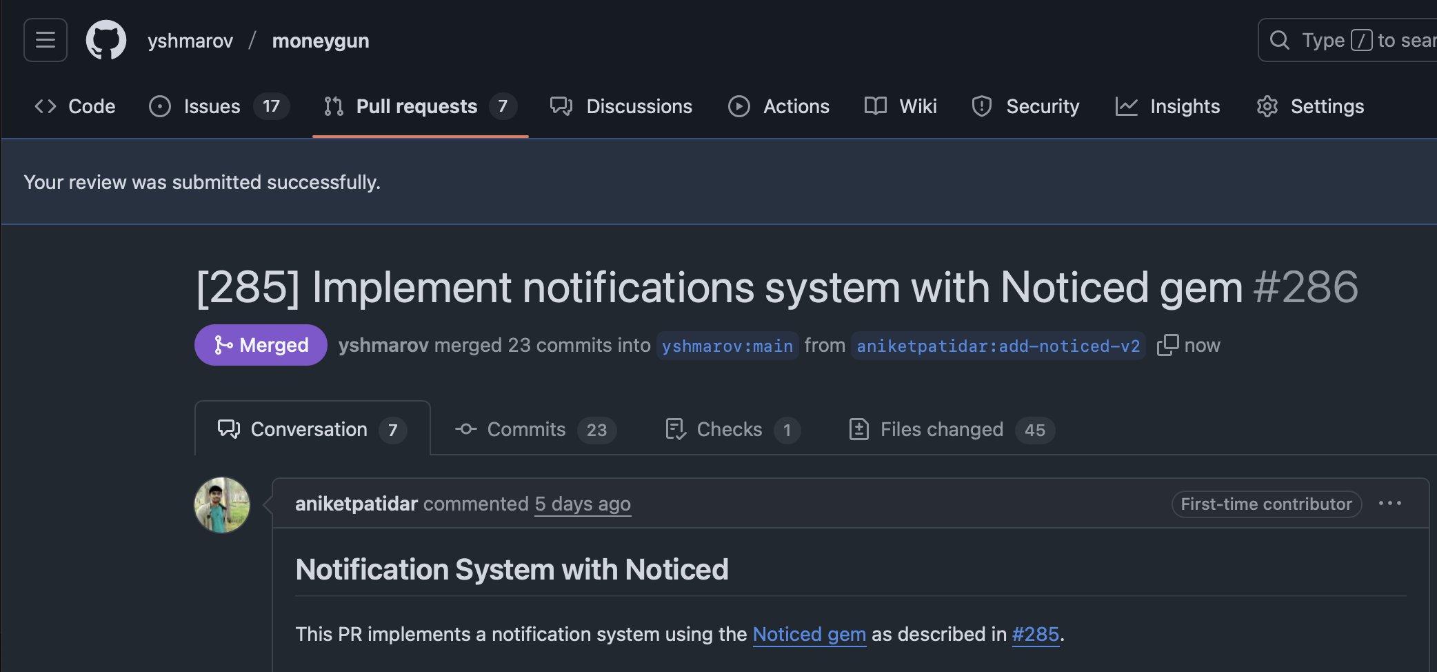 In-app notifications added to Moneygun, screenshot one